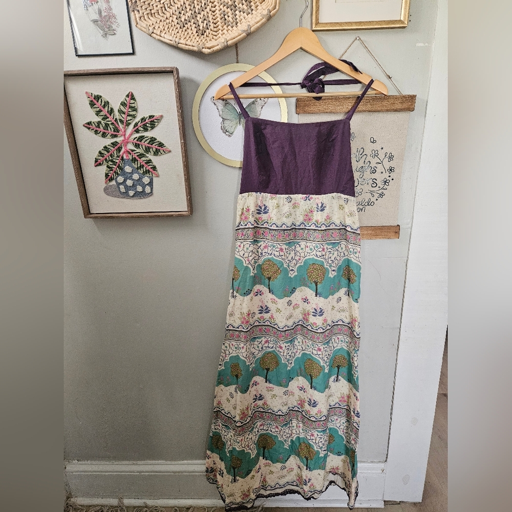 Bohemian Anthropologie Maeve Skoura Idyll Tree Print halter maxi dress